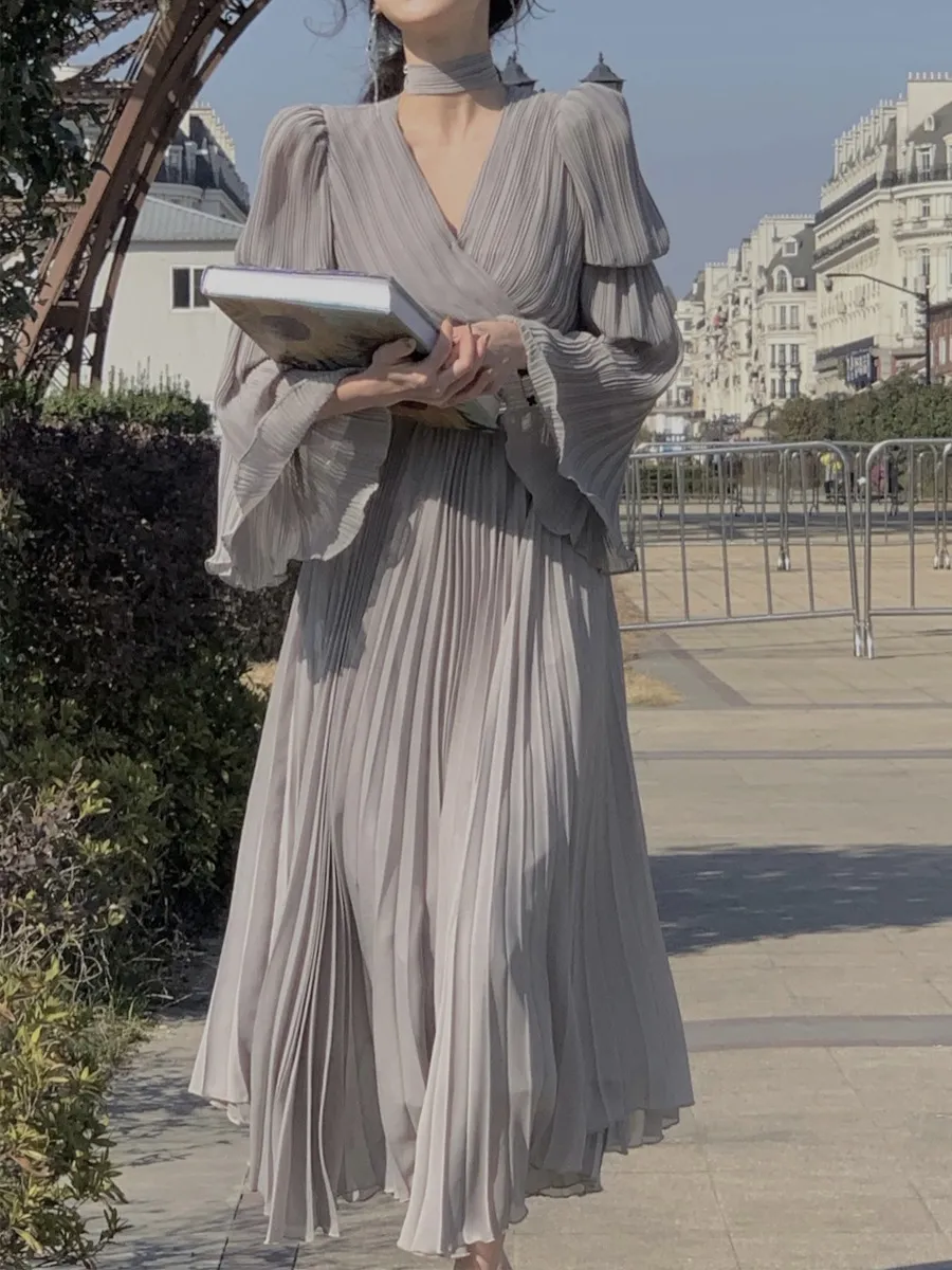 Elegant White V-Neck Dress for Women | 2024 Spring Fashion | Long Sleeve Tea Dress | French Style High-End Midi Dress | Party Cocktail Dress showcase 12