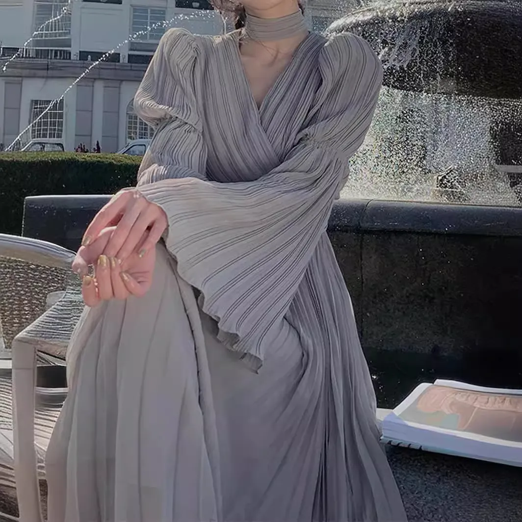 Elegant White V-Neck Dress for Women | 2024 Spring Fashion | Long Sleeve Tea Dress | French Style High-End Midi Dress | Party Cocktail Dress thumbnail 3