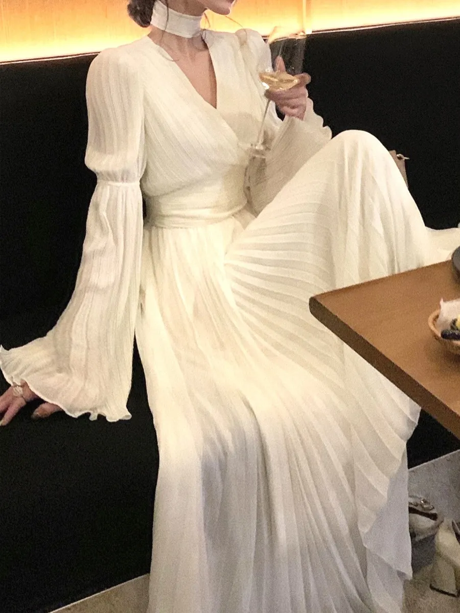 Elegant White V-Neck Dress for Women | 2024 Spring Fashion | Long Sleeve Tea Dress | French Style High-End Midi Dress | Party Cocktail Dress showcase 11