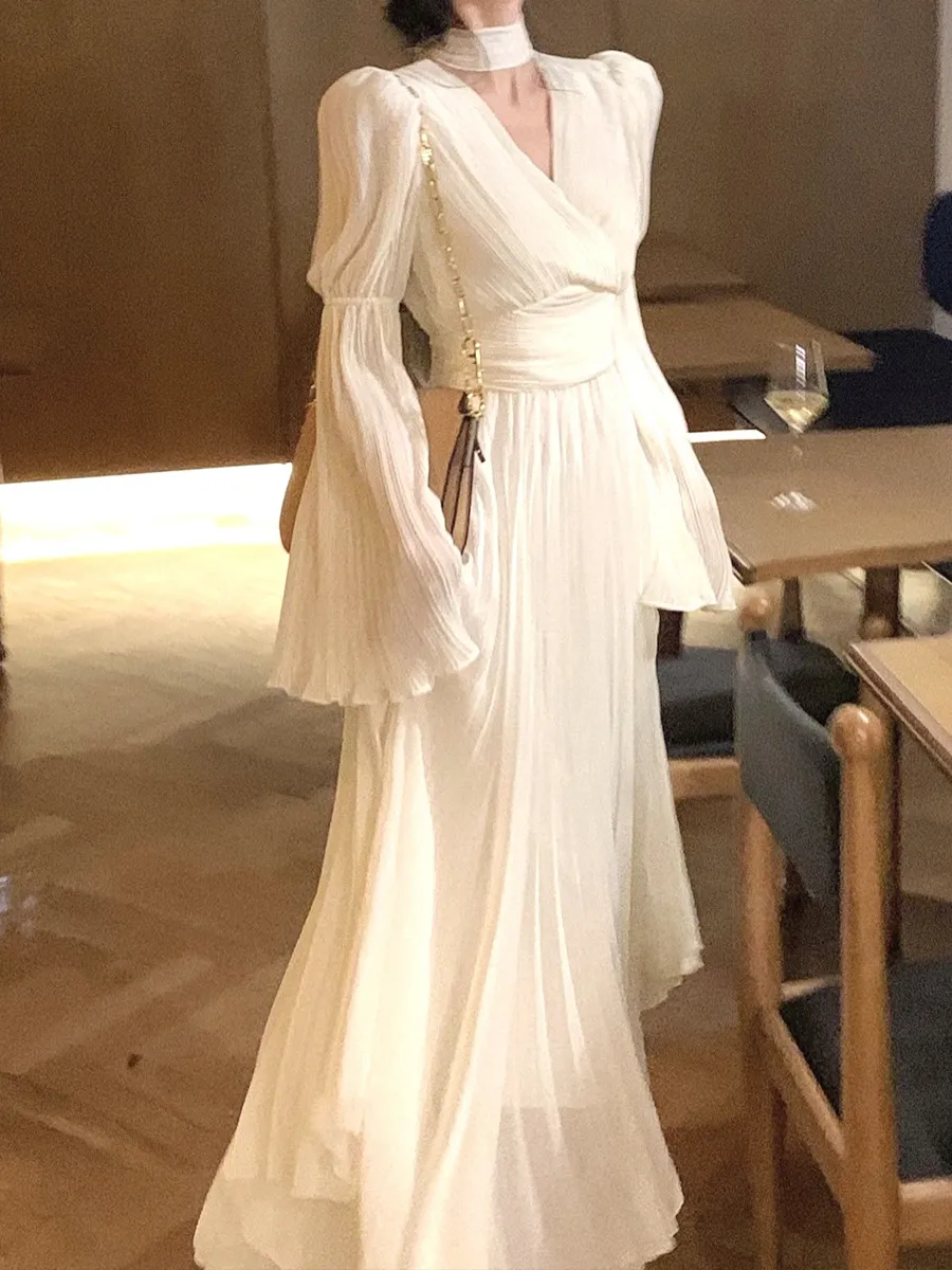 Elegant White V-Neck Dress for Women | 2024 Spring Fashion | Long Sleeve Tea Dress | French Style High-End Midi Dress | Party Cocktail Dress showcase 10