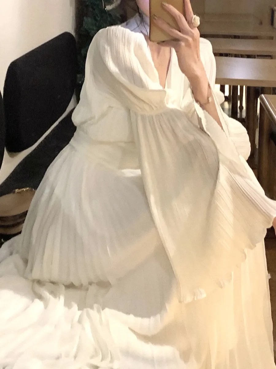 Elegant White V-Neck Dress for Women | 2024 Spring Fashion | Long Sleeve Tea Dress | French Style High-End Midi Dress | Party Cocktail Dress showcase 8