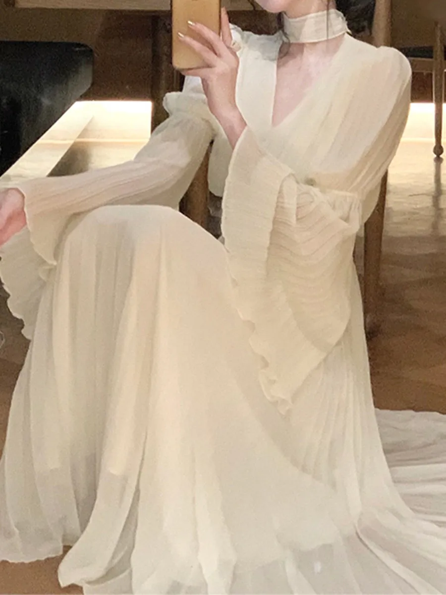Elegant White V-Neck Dress for Women | 2024 Spring Fashion | Long Sleeve Tea Dress | French Style High-End Midi Dress | Party Cocktail Dress showcase 4