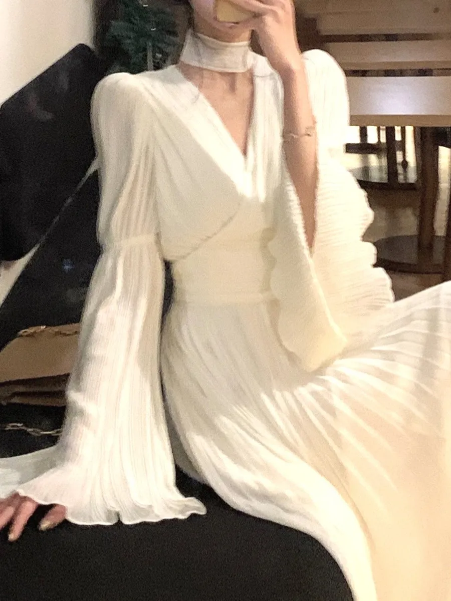 Elegant White V-Neck Dress for Women | 2024 Spring Fashion | Long Sleeve Tea Dress | French Style High-End Midi Dress | Party Cocktail Dress showcase 9