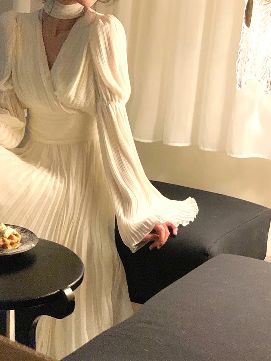Elegant White V-Neck Dress for Women | 2024 Spring Fashion | Long Sleeve Tea Dress | French Style High-End Midi Dress | Party Cocktail Dress showcase 6