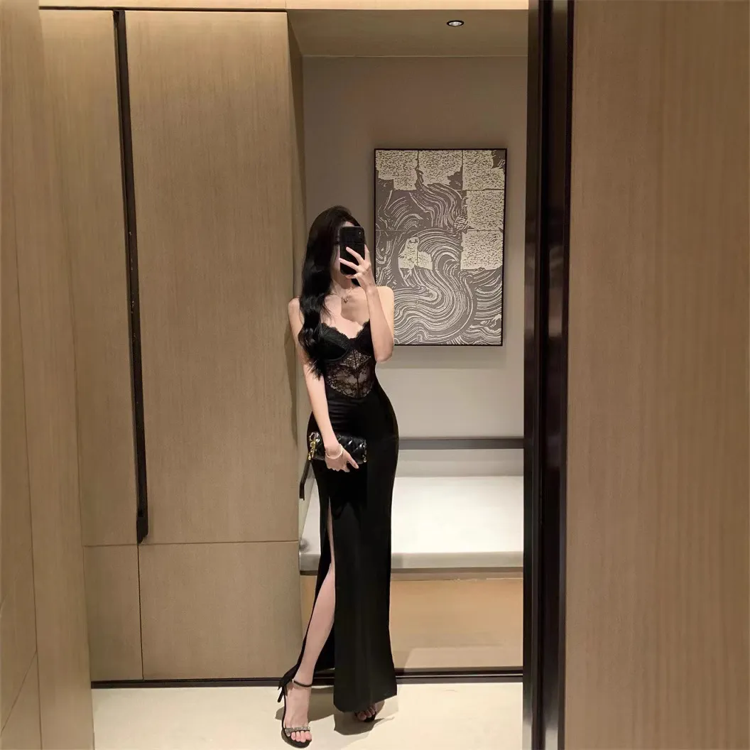 Women's Black Lace Evening Dress Sexy Split Hip Elegant Waist Party Cocktail Gown with Chest Cushion Pads, Stylish Ladies Fashion thumbnail 2