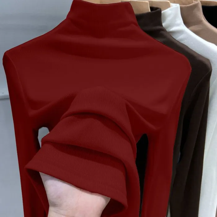 Women's Velvet Turtleneck Long Sleeve T-Shirt - Slim Fit Warm Base Layer Top for Spring, Autumn, Winter Fashion thumbnail 9