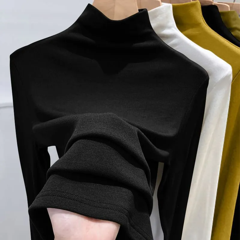 Women's Velvet Turtleneck Long Sleeve T-Shirt - Slim Fit Warm Base Layer Top for Spring, Autumn, Winter Fashion thumbnail 2