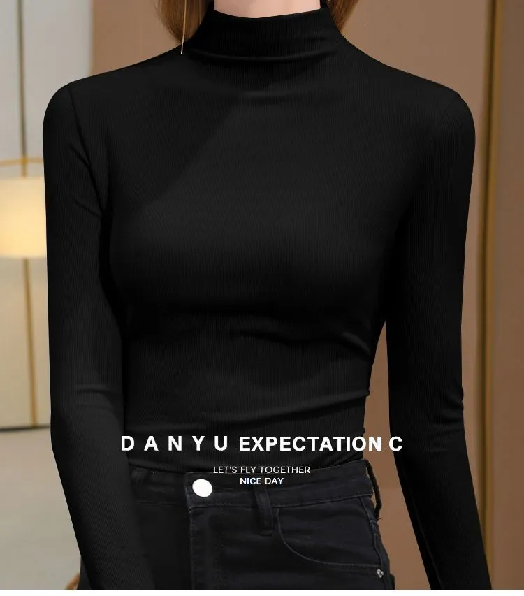 Women's Velvet Turtleneck Long Sleeve T-Shirt - Slim Fit Warm Base Layer Top for Spring, Autumn, Winter Fashion showcase 17