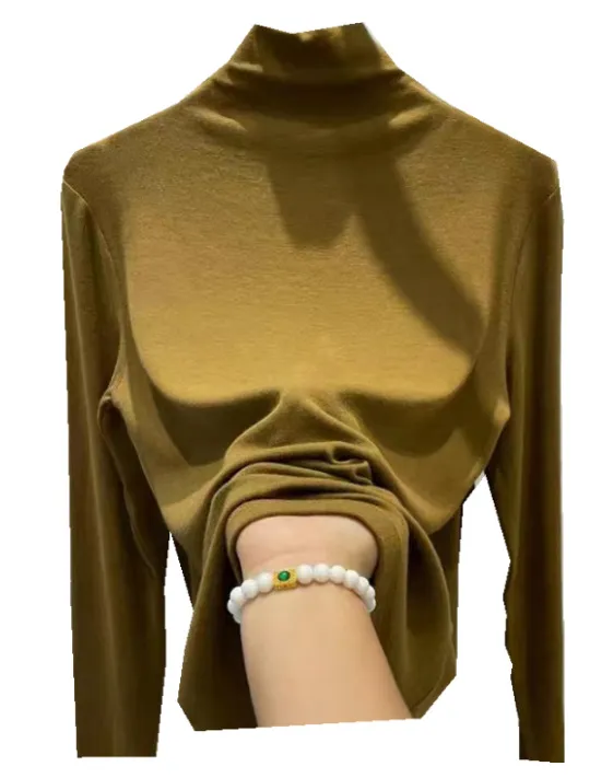Women's Velvet Turtleneck Long Sleeve T-Shirt - Slim Fit Warm Base Layer Top for Spring, Autumn, Winter Fashion thumbnail 6