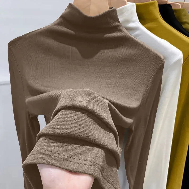 Women's Velvet Turtleneck Long Sleeve T-Shirt - Slim Fit Warm Base Layer Top for Spring, Autumn, Winter Fashion thumbnail 3