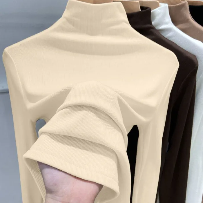 Women's Velvet Turtleneck Long Sleeve T-Shirt - Slim Fit Warm Base Layer Top for Spring, Autumn, Winter Fashion thumbnail 7