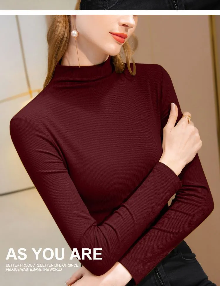 Women's Velvet Turtleneck Long Sleeve T-Shirt - Slim Fit Warm Base Layer Top for Spring, Autumn, Winter Fashion showcase 13