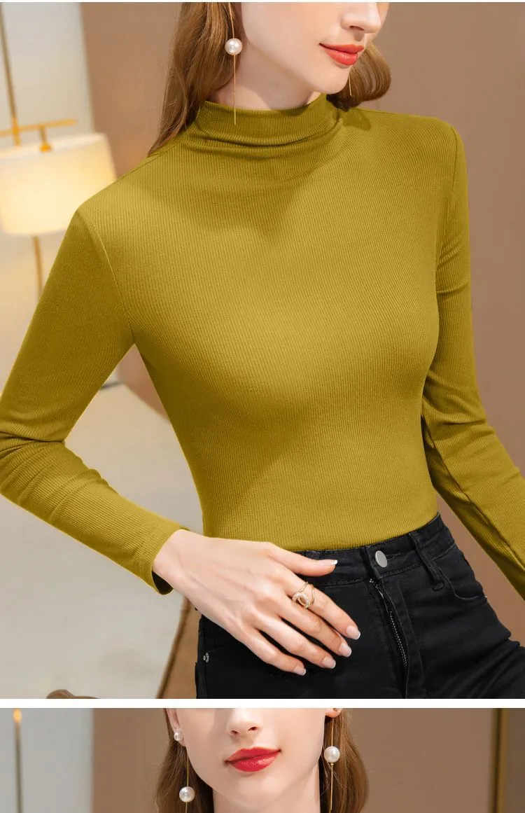 Women's Velvet Turtleneck Long Sleeve T-Shirt - Slim Fit Warm Base Layer Top for Spring, Autumn, Winter Fashion showcase 16