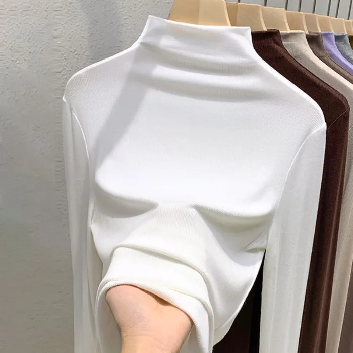 Women's Velvet Turtleneck Long Sleeve T-Shirt - Slim Fit Warm Base Layer Top for Spring, Autumn, Winter Fashion thumbnail 8