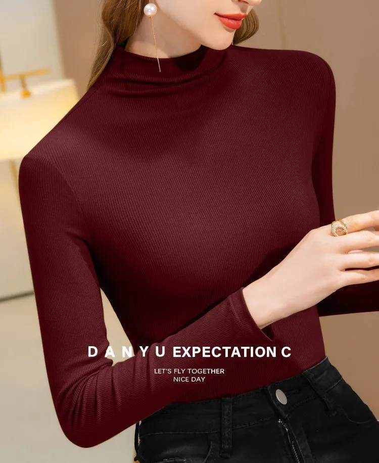 Women's Velvet Turtleneck Long Sleeve T-Shirt - Slim Fit Warm Base Layer Top for Spring, Autumn, Winter Fashion showcase 12