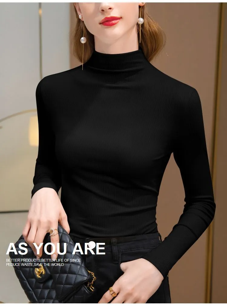 Women's Velvet Turtleneck Long Sleeve T-Shirt - Slim Fit Warm Base Layer Top for Spring, Autumn, Winter Fashion showcase 18