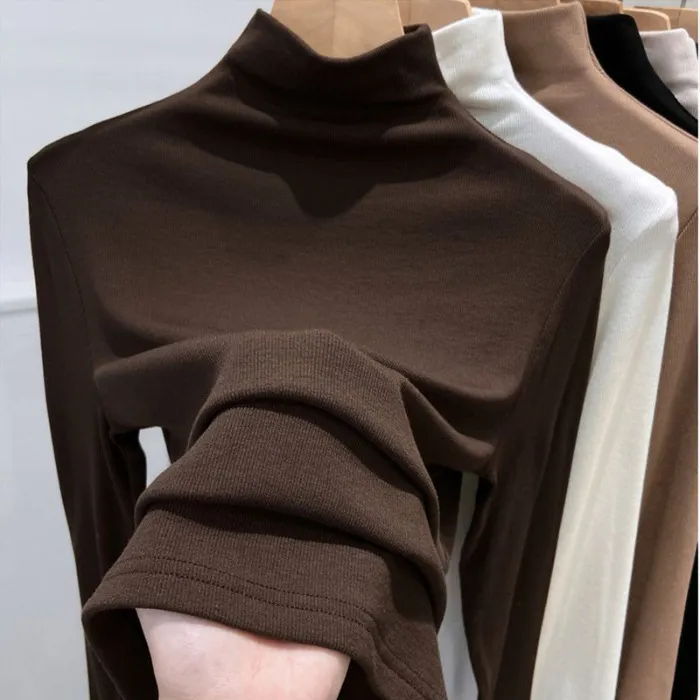 Women's Velvet Turtleneck Long Sleeve T-Shirt - Slim Fit Warm Base Layer Top for Spring, Autumn, Winter Fashion thumbnail 10