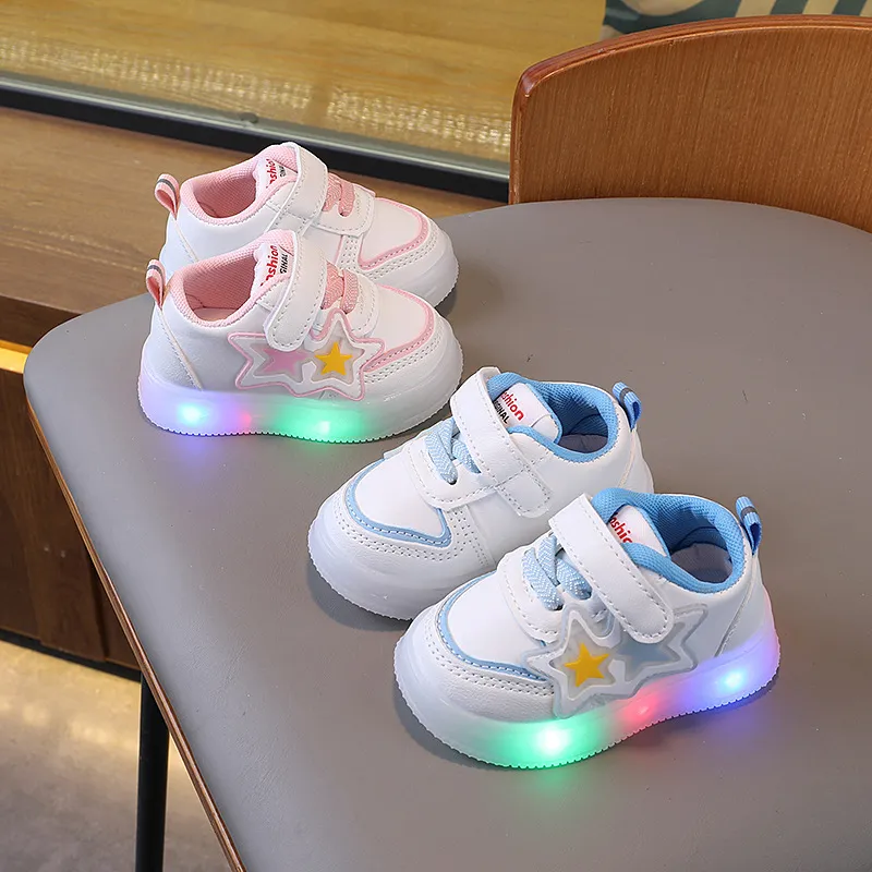 Toddler Light Up Shoes - Baby First Walking Sneakers - Soft Sole Non-Slip - Infant Boys Girls - Spring Autumn White Shoes - 0-2 Years thumbnail 1
