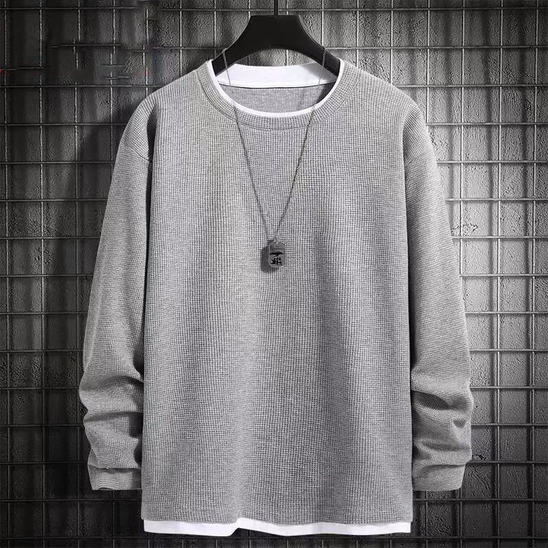 Men's Waffle Knit Sweater - Spring/Autumn Trendy Crew Neck Pullover - Ins Style Grey Top - Casual Fleece-Lined Base Shirt for Men thumbnail 10