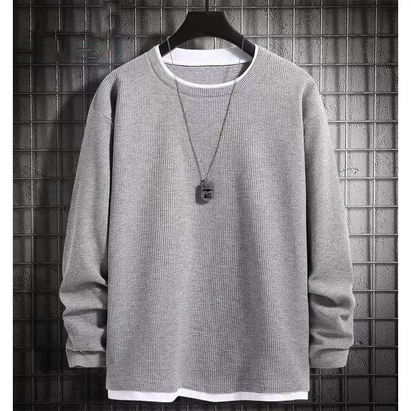 Men's Waffle Knit Sweater - Spring/Autumn Trendy Crew Neck Pullover - Ins Style Grey Top - Casual Fleece-Lined Base Shirt for Men thumbnail 1