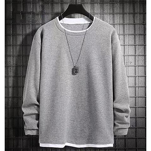Men's Waffle Knit Sweater - Spring/Autumn Trendy Crew Neck Pullover - Ins Style Grey Top - Casual Fleece-Lined Base Shirt for Men