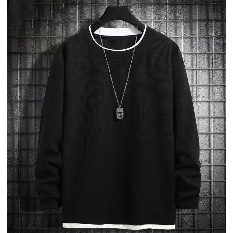 Men's Waffle Knit Sweater - Spring/Autumn Trendy Crew Neck Pullover - Ins Style Grey Top - Casual Fleece-Lined Base Shirt for Men thumbnail 3