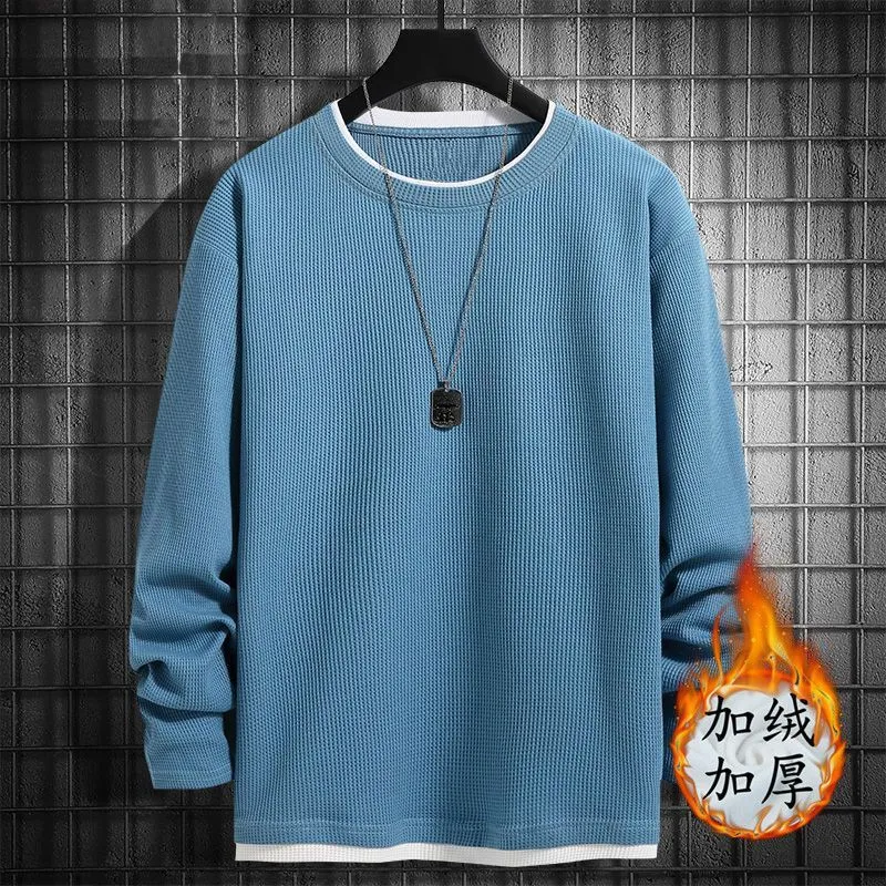 Men's Waffle Knit Sweater - Spring/Autumn Trendy Crew Neck Pullover - Ins Style Grey Top - Casual Fleece-Lined Base Shirt for Men thumbnail 8
