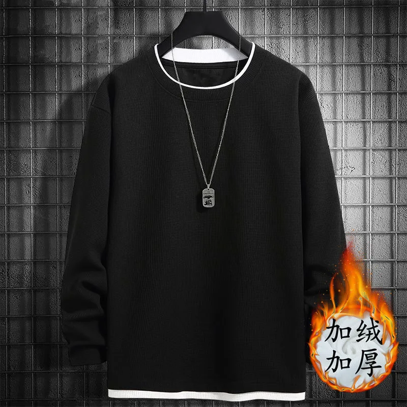 Men's Waffle Knit Sweater - Spring/Autumn Trendy Crew Neck Pullover - Ins Style Grey Top - Casual Fleece-Lined Base Shirt for Men thumbnail 7