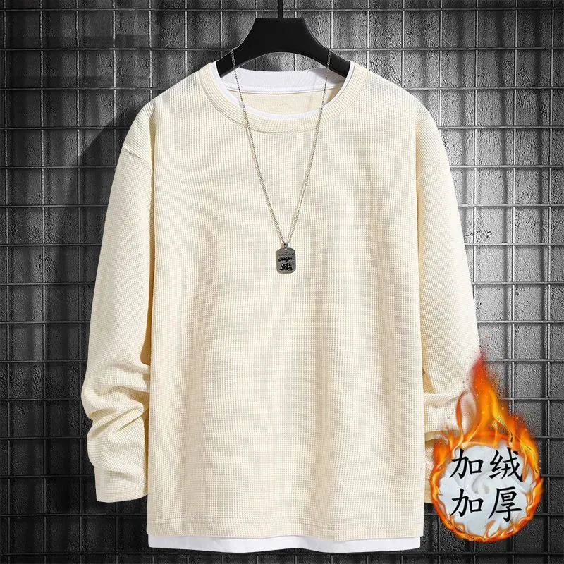 Men's Waffle Knit Sweater - Spring/Autumn Trendy Crew Neck Pullover - Ins Style Grey Top - Casual Fleece-Lined Base Shirt for Men thumbnail 9