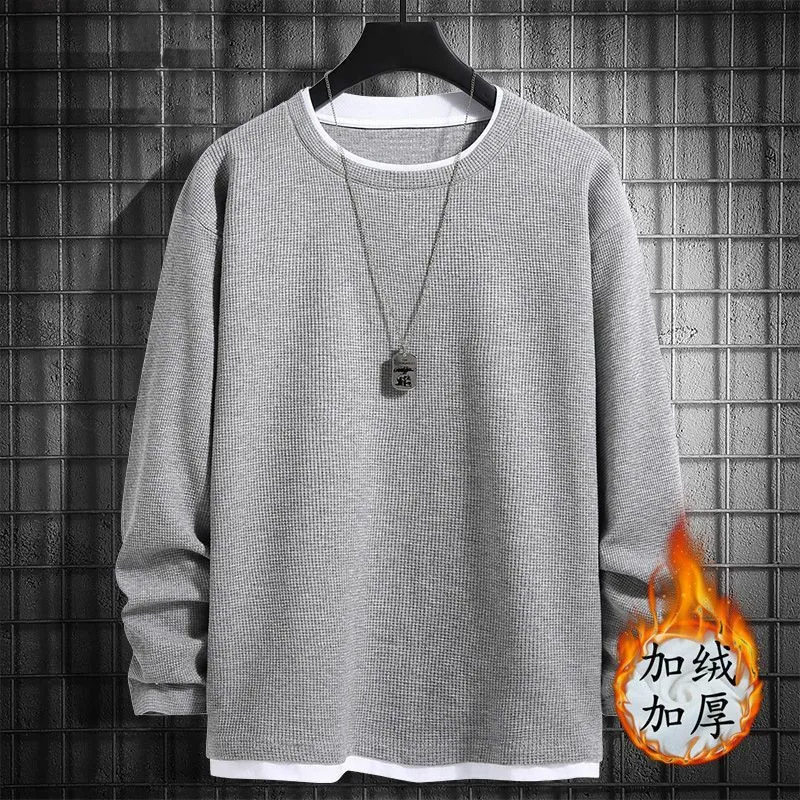 Men's Waffle Knit Sweater - Spring/Autumn Trendy Crew Neck Pullover - Ins Style Grey Top - Casual Fleece-Lined Base Shirt for Men thumbnail 6