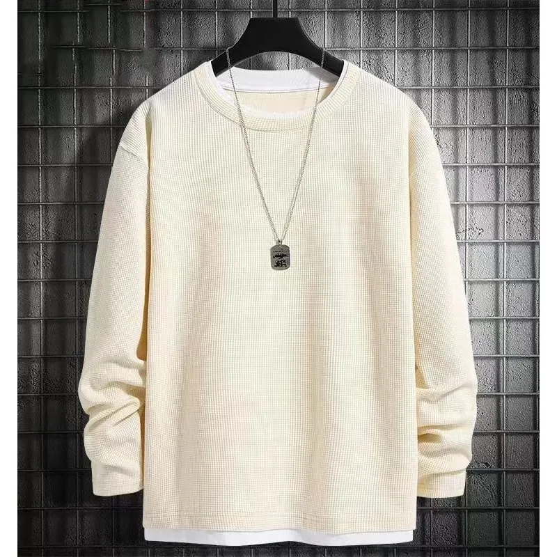 Men's Waffle Knit Sweater - Spring/Autumn Trendy Crew Neck Pullover - Ins Style Grey Top - Casual Fleece-Lined Base Shirt for Men thumbnail 4