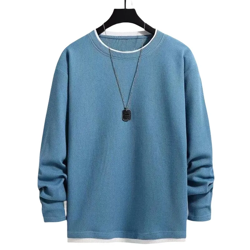 Men's Waffle Knit Sweater - Spring/Autumn Trendy Crew Neck Pullover - Ins Style Grey Top - Casual Fleece-Lined Base Shirt for Men thumbnail 5