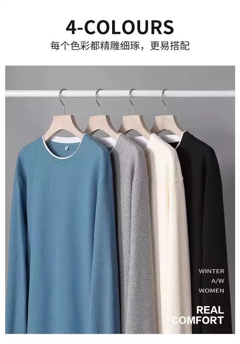 Men's Waffle Knit Sweater - Spring/Autumn Trendy Crew Neck Pullover - Ins Style Grey Top - Casual Fleece-Lined Base Shirt for Men showcase 3