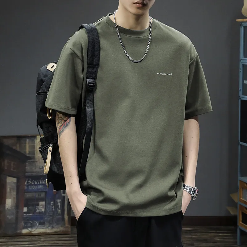 Men's Heavyweight Cotton T-Shirt - Short Sleeve, American Style, Loose Fit, Trendy Brand, Basic White Tee for Summer thumbnail 1