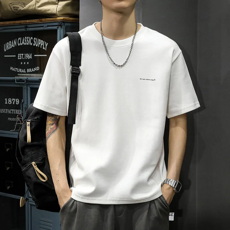 Men's Heavyweight Cotton T-Shirt - Short Sleeve, American Style, Loose Fit, Trendy Brand, Basic White Tee for Summer thumbnail 5