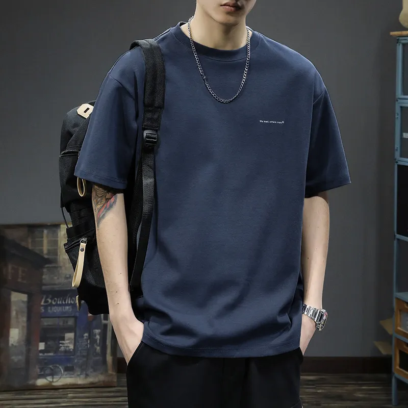 Men's Heavyweight Cotton T-Shirt - Short Sleeve, American Style, Loose Fit, Trendy Brand, Basic White Tee for Summer thumbnail 2