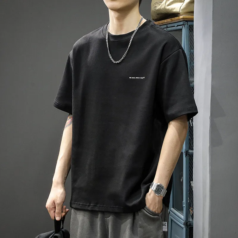 Men's Heavyweight Cotton T-Shirt - Short Sleeve, American Style, Loose Fit, Trendy Brand, Basic White Tee for Summer thumbnail 3