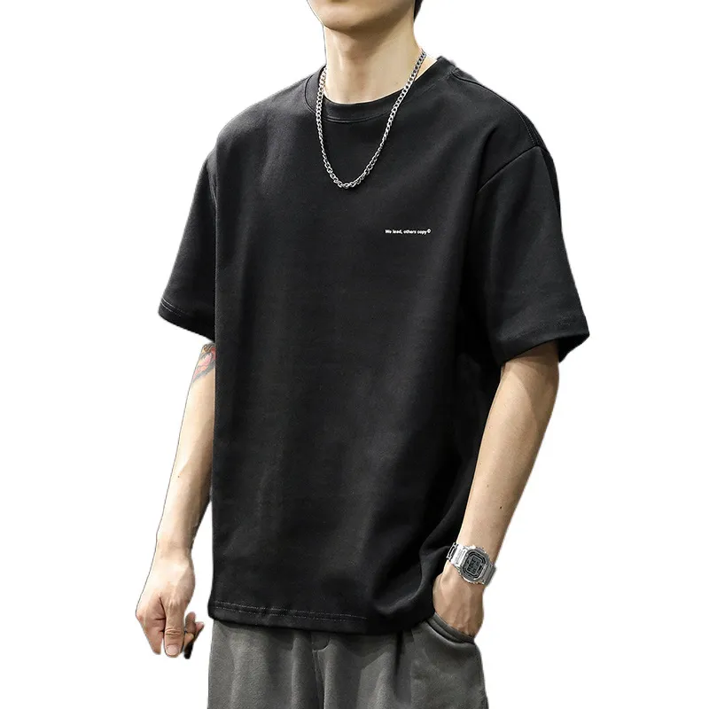 Men's Heavyweight Cotton T-Shirt - Short Sleeve, American Style, Loose Fit, Trendy Brand, Basic White Tee for Summer thumbnail 4