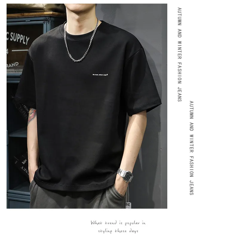 Men's Heavyweight Cotton T-Shirt - Short Sleeve, American Style, Loose Fit, Trendy Brand, Basic White Tee for Summer showcase 12