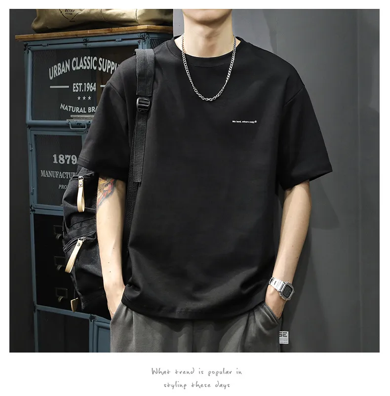 Men's Heavyweight Cotton T-Shirt - Short Sleeve, American Style, Loose Fit, Trendy Brand, Basic White Tee for Summer showcase 13