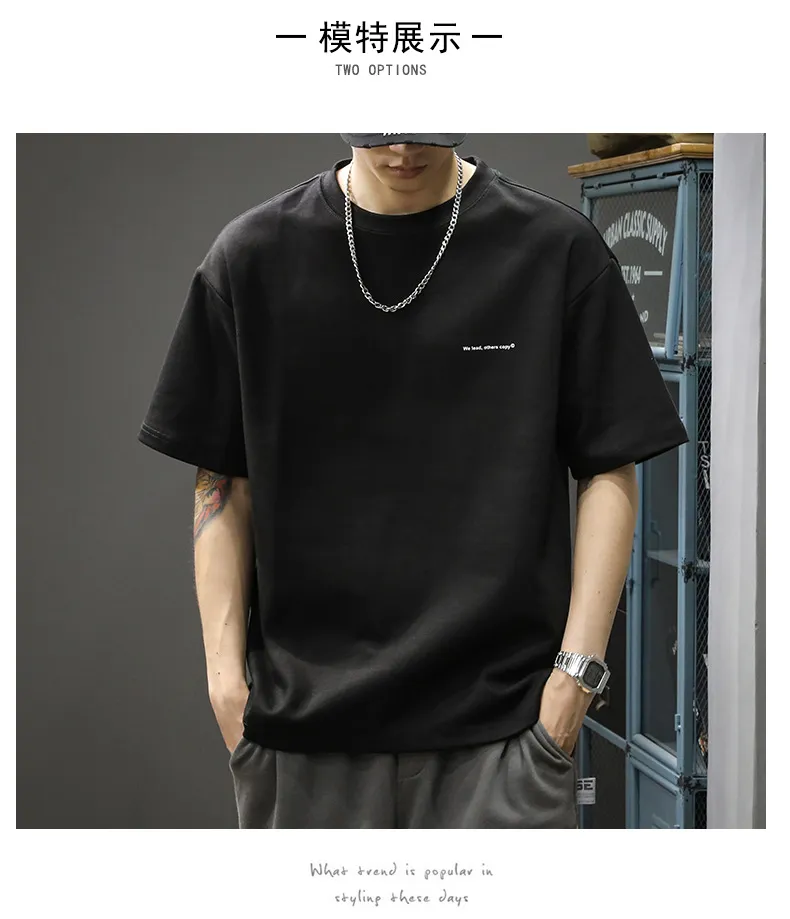 Men's Heavyweight Cotton T-Shirt - Short Sleeve, American Style, Loose Fit, Trendy Brand, Basic White Tee for Summer showcase 11