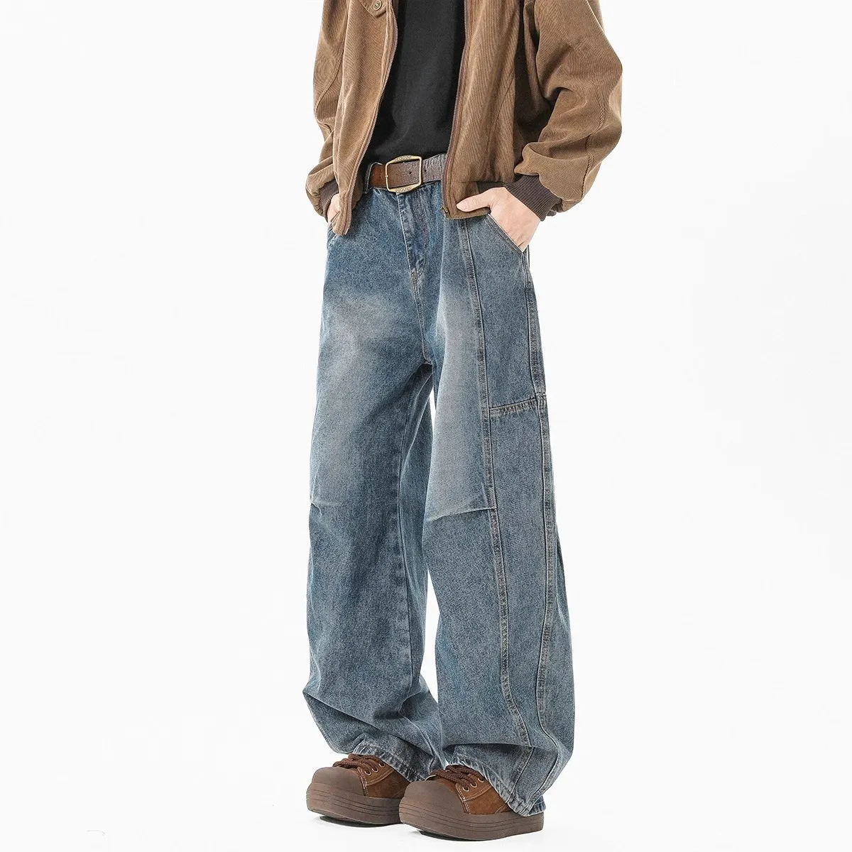Men's Washed Jeans - Spring/Autumn Gradient Denim Pants - Loose Fit Straight Leg - Trendy Teen Fashion thumbnail 2