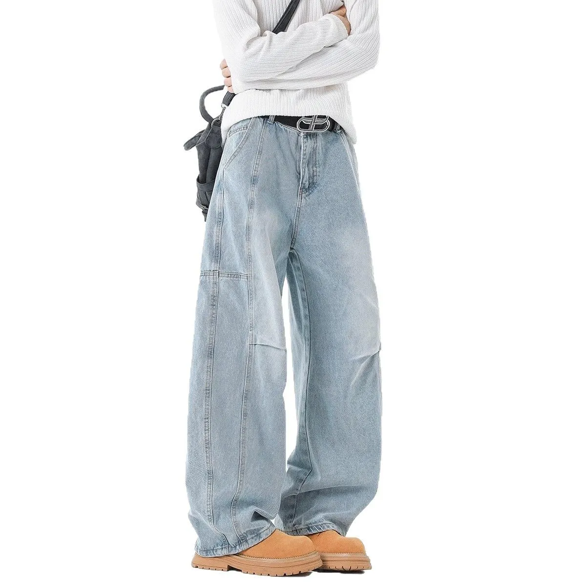 Men's Washed Jeans - Spring/Autumn Gradient Denim Pants - Loose Fit Straight Leg - Trendy Teen Fashion thumbnail 5