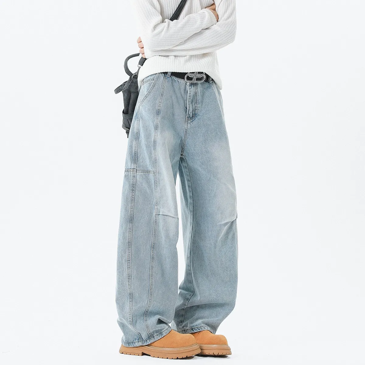 Men's Washed Jeans - Spring/Autumn Gradient Denim Pants - Loose Fit Straight Leg - Trendy Teen Fashion thumbnail 7