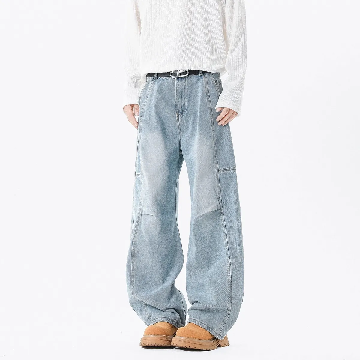 Men's Washed Jeans - Spring/Autumn Gradient Denim Pants - Loose Fit Straight Leg - Trendy Teen Fashion thumbnail 4
