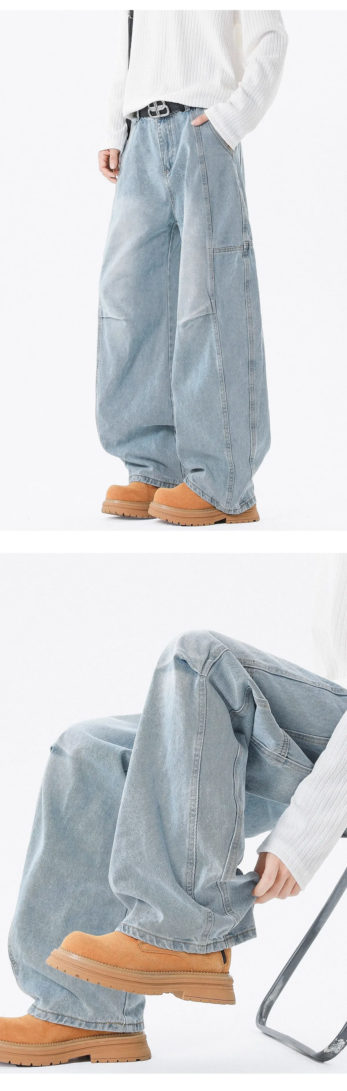 Men's Washed Jeans - Spring/Autumn Gradient Denim Pants - Loose Fit Straight Leg - Trendy Teen Fashion showcase 8