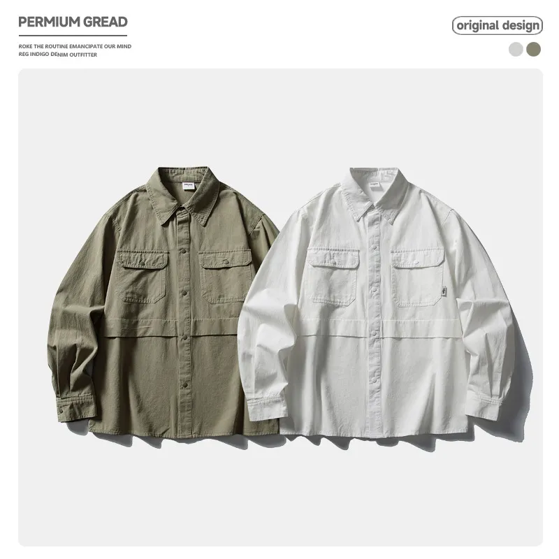 Men's Japanese Military Style Patchwork Work Shirt - Autumn Commuting Long Sleeve Shirt Jacket with Double Pockets - Casual Silhouette thumbnail 1