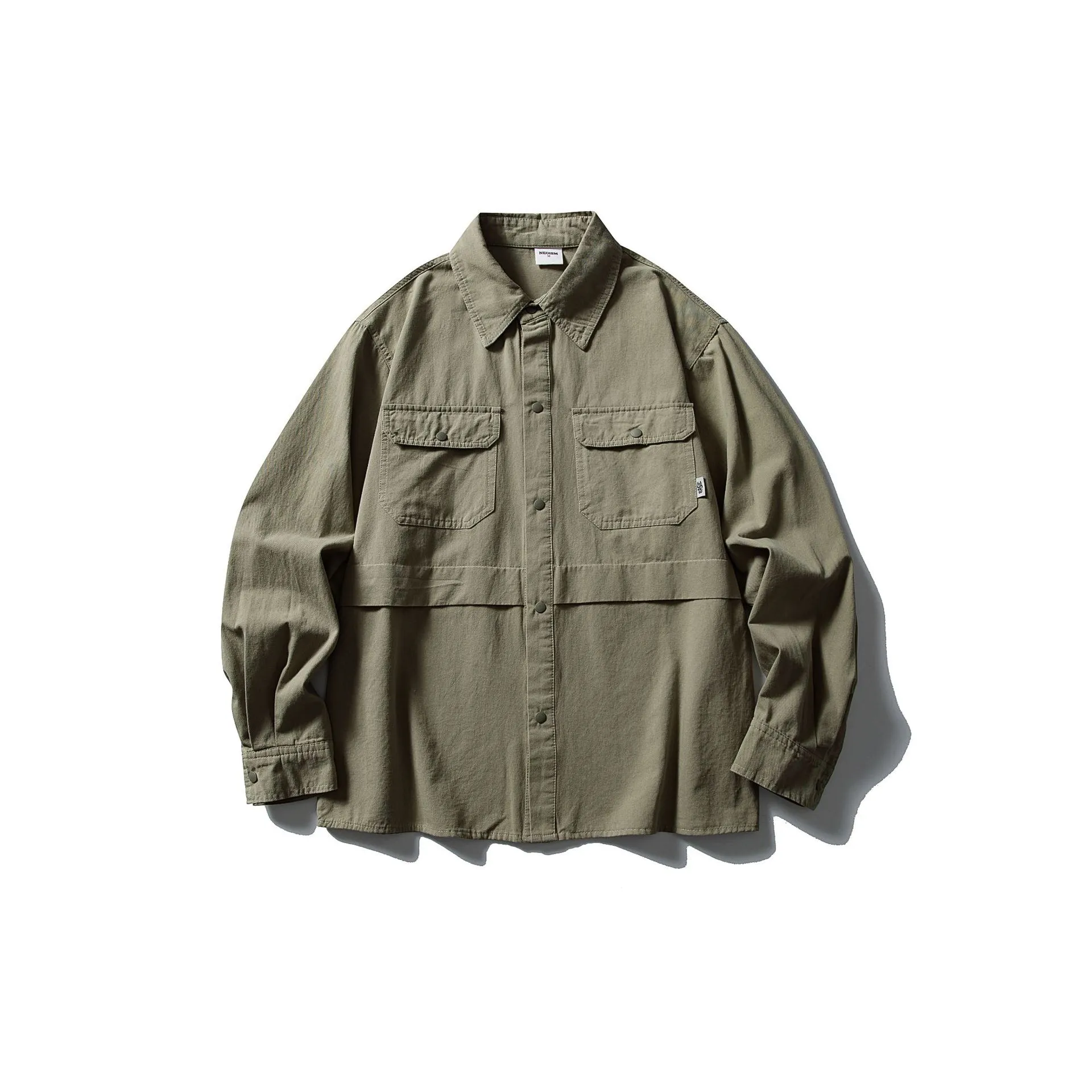Men's Japanese Military Style Patchwork Work Shirt - Autumn Commuting Long Sleeve Shirt Jacket with Double Pockets - Casual Silhouette thumbnail 6