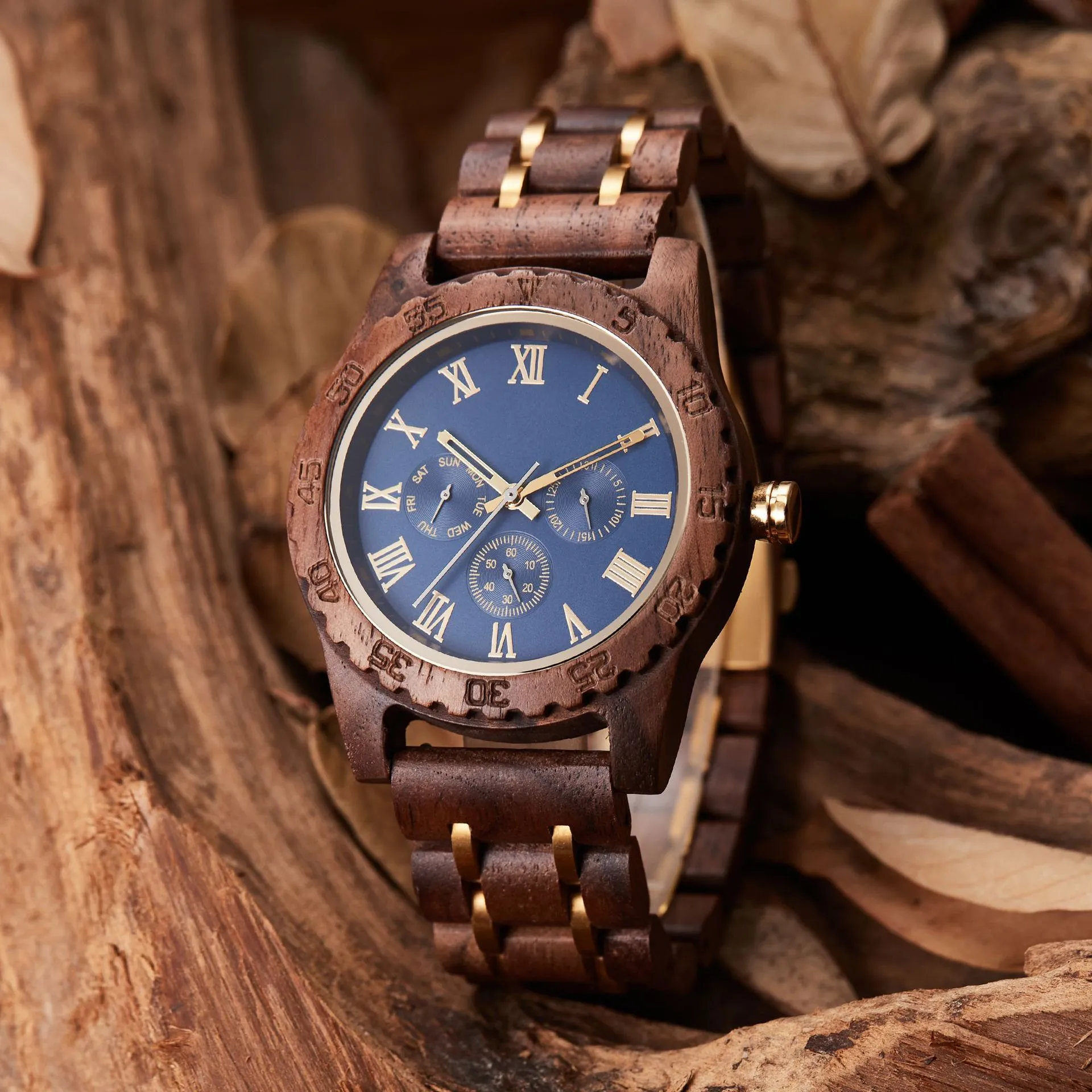 Men's Retro Walnut Wood Watch with Gold Accents - Multifunctional Quartz Wristwatch - European & American Fashion Wholesale thumbnail 1