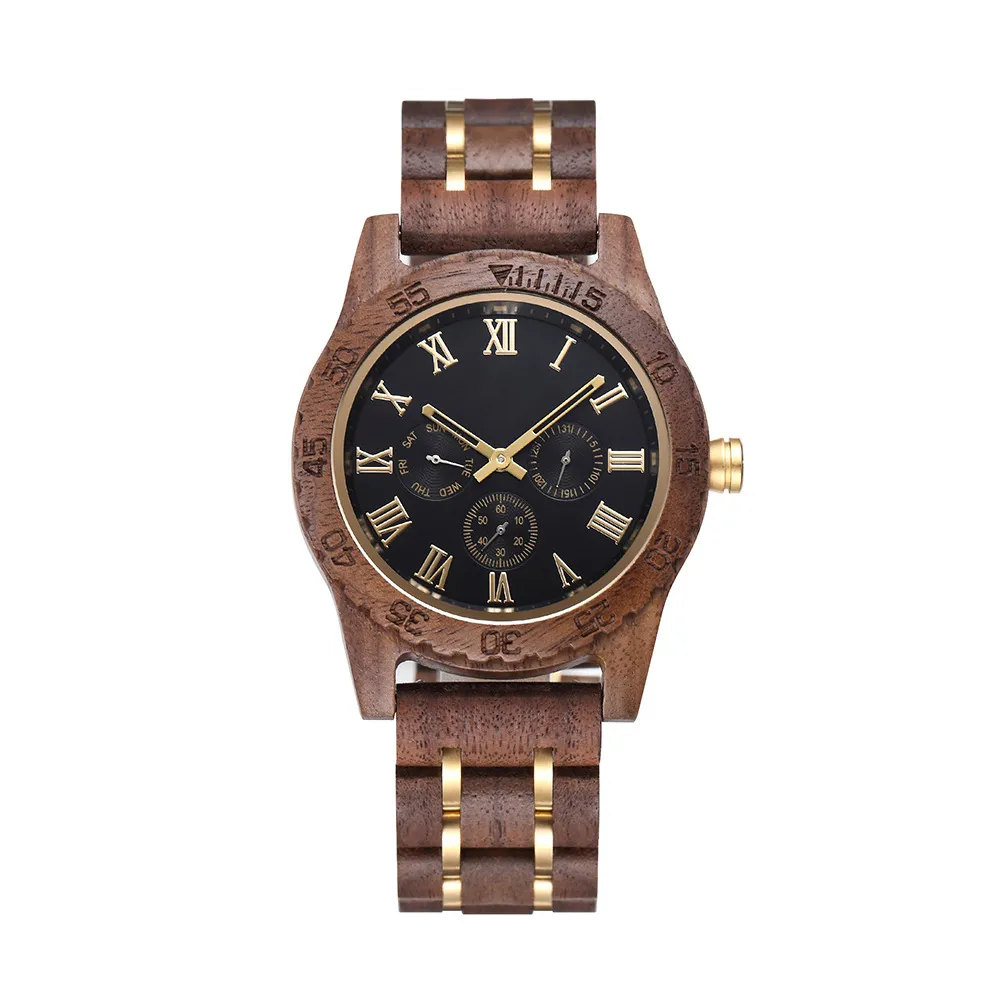 Men's Retro Walnut Wood Watch with Gold Accents - Multifunctional Quartz Wristwatch - European & American Fashion Wholesale thumbnail 6